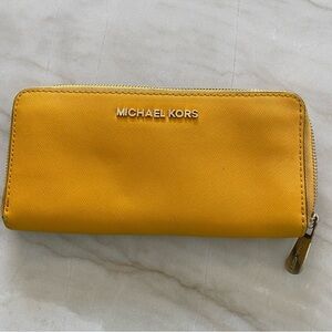 Michael Kors Mustard Yellow Zip Wallet with Gold Hardware